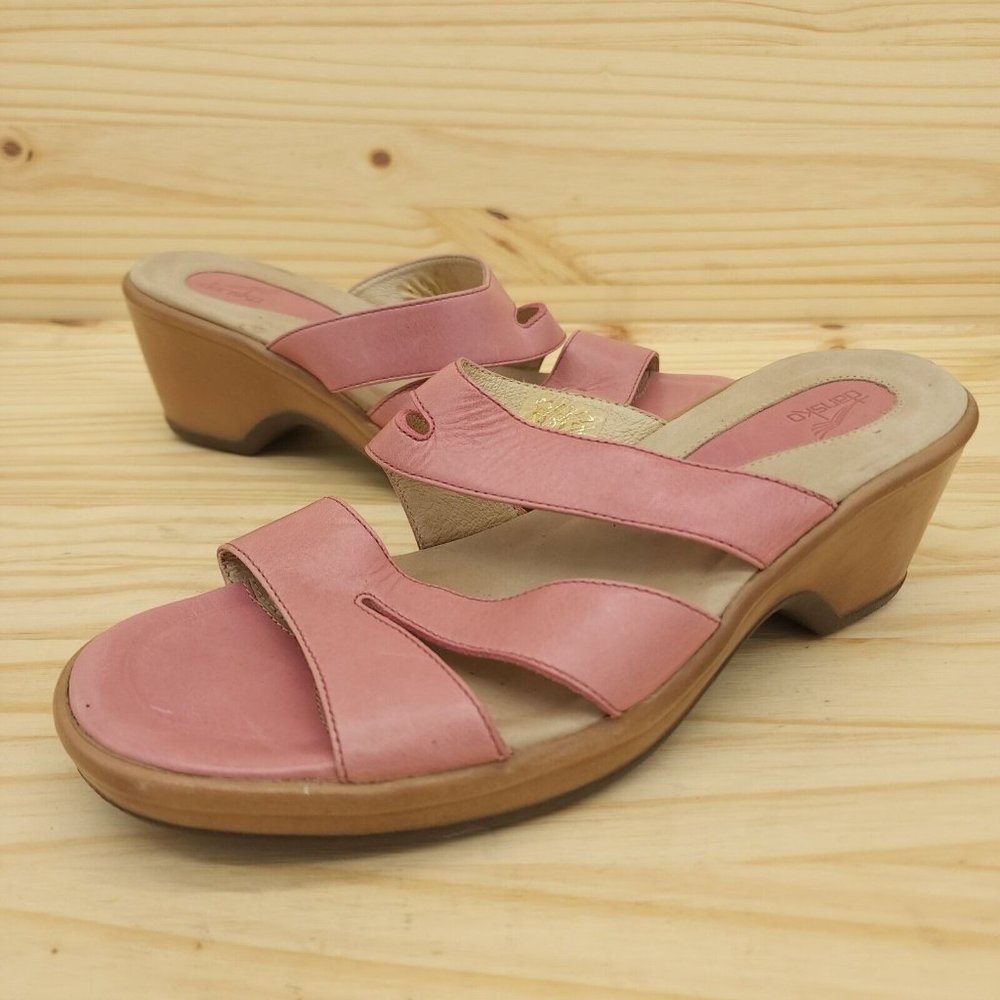 Dansko Women's Sandals Sz 9 39 Pink Leather Heeled Slides Open Toe Chic Shoes